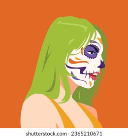 girl with sugar skull face makeup for day of the dead, halloween in profile, avatar, side view. modern flat vector illustration.