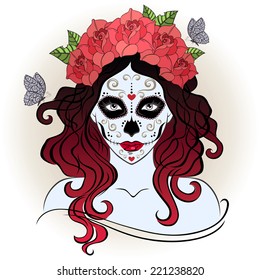 Girl With Sugar Skull Face Paint In The Wreath Of Roses