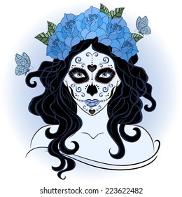 Girl with Sugar Skull Face Paint in wreath of blue roses