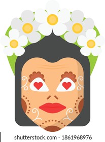 Girl with sugar skull make-up concept, Celebrating Day of the Dead Concept, vector color Icon design, Mexican culture symbol on White background, Customs and Traditions Signs