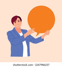 girl in suit doing presentation while hold bubble chat