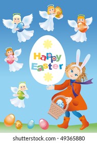 Girl in the suit of the Easter rabbit and cherubs with the  eggs