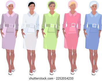 Girl in a suit and hat hand-drawn in a vector style in five different options.