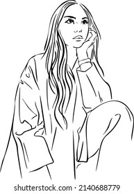 Girl in a suit with long hair sits hand draw vector illustration art