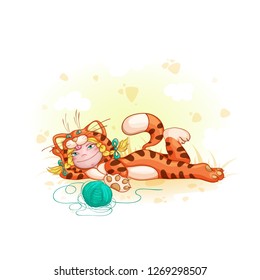 Girl in a suit of red cat. Children in fancy dresses or pajamas.