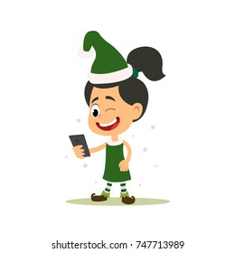 girl in the suit of Santa's assistant with SMS sending with congratulations. vector