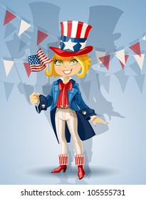 Girl in a suit of Uncle Sam and with flag Celebrates 4th July