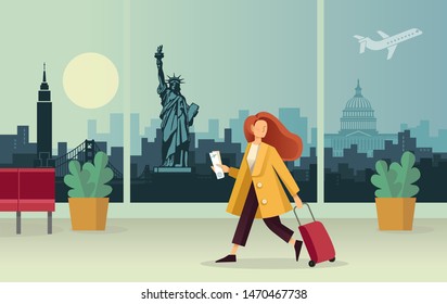 The girl with the suitcase at the airport. Against the background of an abstract panorama of the U.S. attractions.