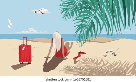 A girl with a suitcase by the sea sits on the sand. Tropical landscape with palm leaves and a plane in the sky. Seagulls fly over white clouds. Woman's relaxed pleasure pose. High heel shoes lying on 