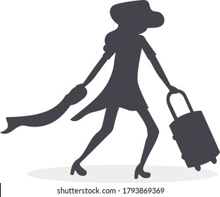The girl with the suitcase is going on a trip. She rushes to the airport or the station. She wears a dress, high heels shoes and a big straw hat. A dark silhouette on a white background