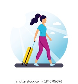 A girl with a suitcase is going on vacation. A tourist with a travel bag. Vector illustration in a flat style.