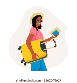 Girl with a Suitcase and a passport with boarding pass tickets. Travel concept. Young woman with a Suitcase in her hand. Flat vector illustration.	
