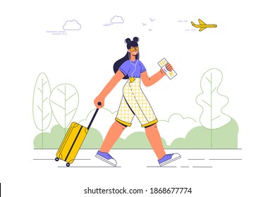 A girl with a suitcase and a plane ticket goes to the airport in the city. A young woman travels in the summer, goes on vacation, on business. Cartoon character isolated. Flat vector illustration.