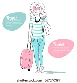 Girl with a suitcase. Sketch. Vector isolated illustration. Cartoon characters