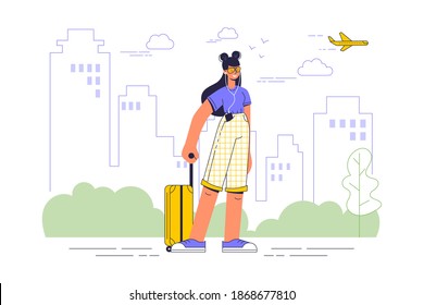 A girl with a suitcase stands on the background of the city. A young woman travels in the summer, goes on vacation, on business. Cartoon character isolated. Flat vector illustration.
