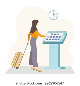 A girl with a suitcase at the station buys a ticket from a machine. Color vector illustration.