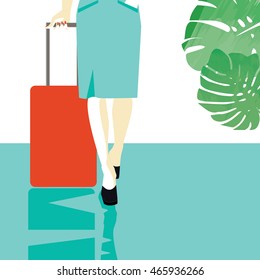 Girl with suitcase vector illustration. Woman holding suitcase in lobby with philodendron leaves. 