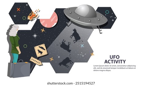 A girl with a suitcase watches a UFO that steals cows against the background of space in the form of honeycombs, flat childrens doodles