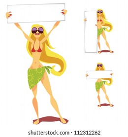 Girl of summer is 3 in 1 illustration: holding a panel above a head, holding a vertical panel, holding a horizontal panel.