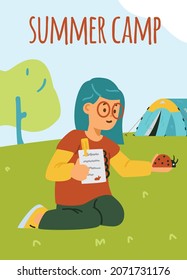 Girl at summer camp sits on the grass holding ladybug in her hands, with tent on the background. Nerdy kid wearing glasses takes notes about ladybird beetle she watches.