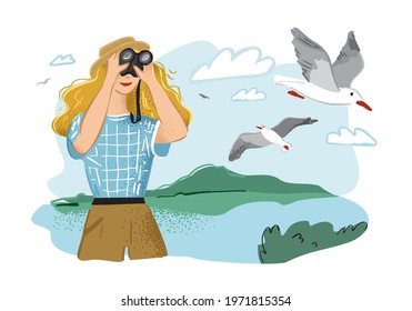 Girl in summer clothes looks through binoculars on the shore of the lake. Young woman watches the gulls on the sea. Birdwatching in the wild nature. Place for outdoor recreation. Vector illustration
