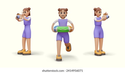 Girl in summer clothes takes pictures, runs with inflatable circle. Rest on sea, ocean, sightseeing of interesting places. Vector templates in 3D style. Educational and active vacations