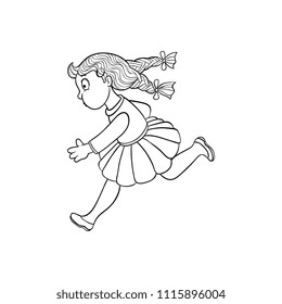 Girl in summer clothing, skirt running looking back. Ranaway kid icon. Sketch teen female character with bow in pigtails, child running afraid face side view. Isolated monochrome vector illustration