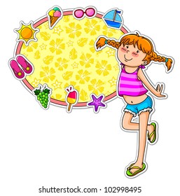 girl in summer cloths standing next to a frame decorated with summer symbols
