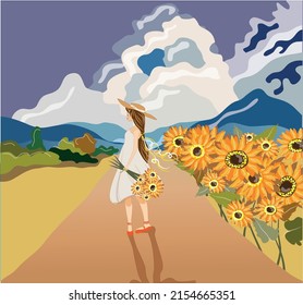 a girl in a summer dress and a hat of light shades holds a bouquet of flowers in her hands. field road and sunflower field. sunny weather, blue sky with clouds. summer bright illustration