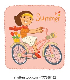 Girl in summer dress on a bike. The illustration in childish style.