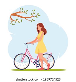 Girl in summer dress stands next to pink bicycle on the background of blue sky. Bike ride in summer or spring. Charming female cyclist. Summer, warm day, rest. Cute vector illustration in flat style