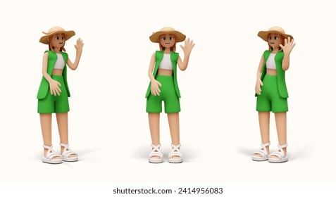 Chica con ropa verde de verano y sombrero amplio. El personaje femenino se mueve de manera amistosa. Figura realista, vista frontal, izquierda, derecha. Plantillas de diseño dinámico