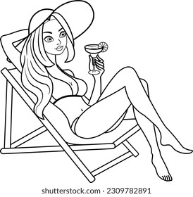 Girl in a Summer Hat Drinks a Cocktail for Coloring. Vector Illustration of a Beautiful Girl in a Swimsuit Sunbathing on the Beach