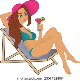 Girl in a Summer Hat is Resting and Drinking a Cocktail. Vector Illustration of a Beautiful Girl in a Swimsuit Sunbathing on the Beach