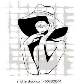 The girl in a summer hat. Sketch of beautiful female hands. Vector illustration