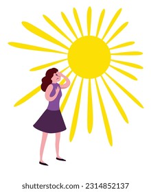 Girl in summer heat with huge hot sun. Overheated person with heat stroke. High temperature, global warming design. Vector flat cartoon 