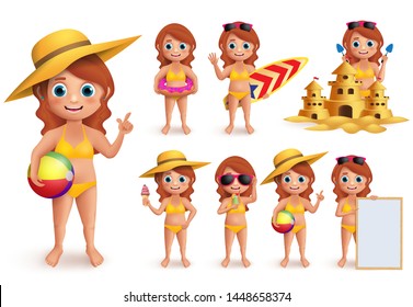 Girl summer kids vector character set. Young girl wearing bikini doing summer beach activities like swimming, eating icecream and playing sand castle isolated in white. Vector illustration.
