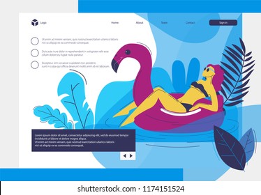 girl in the summer on an inflatable circle in the form of pink flamingos, on the water, sunbathing in glasses, in a swimsuit.The main landing page of the website