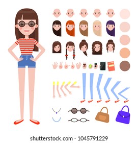 Girl in summer outfit and sunglasses constructor. Female character with spare body parts and stylish accessories isolated vector illustrations set.
