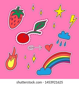 Girl summer patch set on pink background. Retro trend vector isolated illustration. Hand drawing sticker collection.