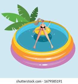 Chica en la piscina de verano. Niña de vacaciones.Ilustración vectorial de verano.