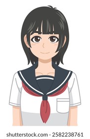 Girl in summer sailor suit with short cut smiling