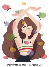 A girl in a summer top raised her hands up and enjoys the moment, colorful butterflies are flying around. Summer warm day. Live in the moment, life balance, mental health.