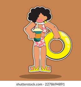 Girl in summer, vacation, girl with an inflatable ring. Vector image, a girl in a bathing suit. Clipart, vector.