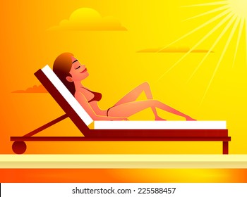 girl sun bathing vector cartoon illustration