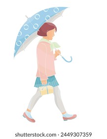 girl with sun umbrella in sun protective clothes