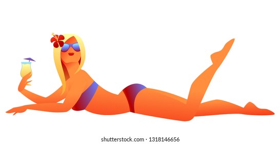 Girl sunbathes on beach. Beautiful tanned blond woman with cocktail.