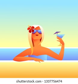 Girl sunbathes on beach with cocktail. Beautiful tanned blond woman.