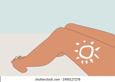 The Girl Sunbathes On The Beach. Drawing On The Skin With Sunscreen. Safe Tan