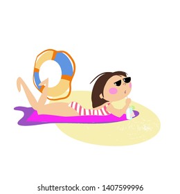 The girl sunbathes on the beach in sunglasses and a swimsuit, cartoon character, color illustration in vector
